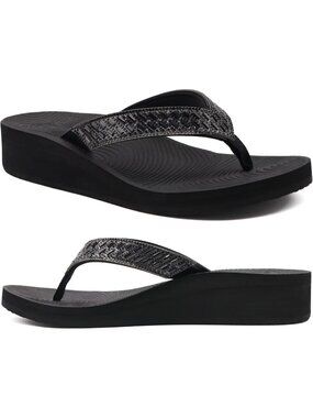 Women's Black Comfortable Rhinestone Support Casual Flip Flops Stylish Sandals